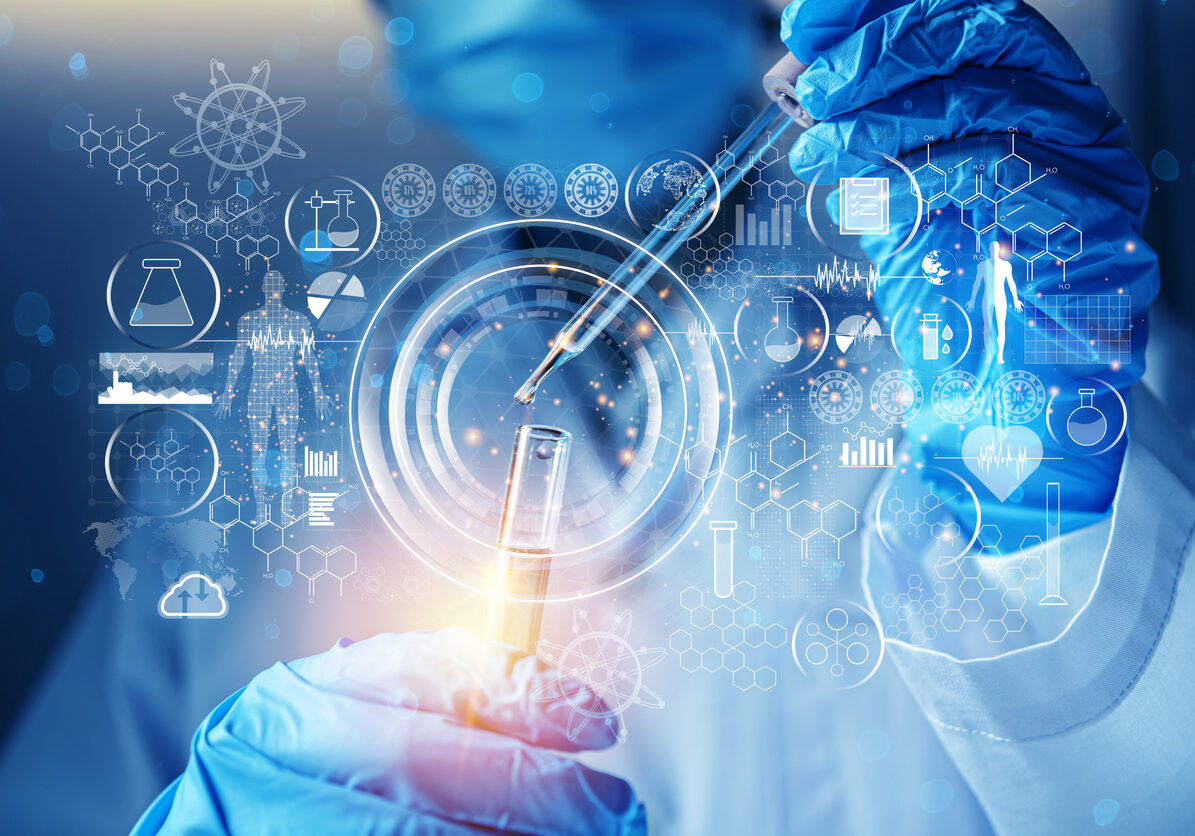 Genetic research and Biotech science Concept. Genetic research and Biotech science Concept. Human Biology and pharmaceutical technology on laboratory background.